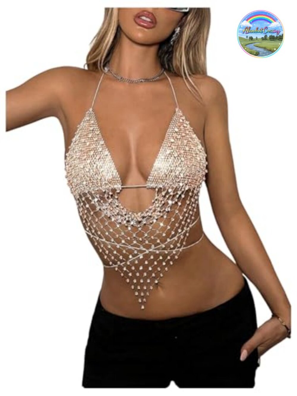 Women's Y2k Glitter Rhinestone Criss Cross Halter Rave Top